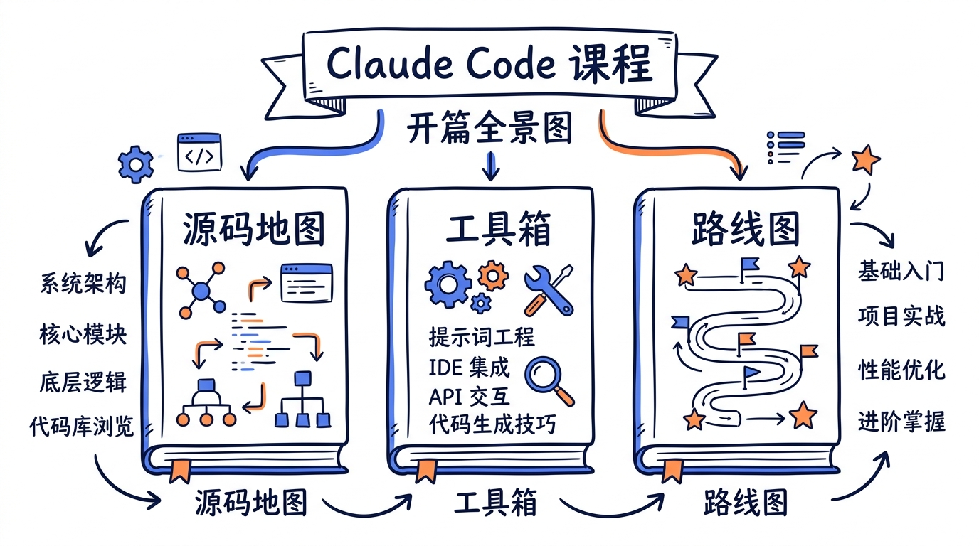 开篇全景图——三本书并列：左边一本是"源码地图"、中间一本是"工具箱"、右边一本是"路线图"，三本书共同支撑起"Claude Code 课程"的标题