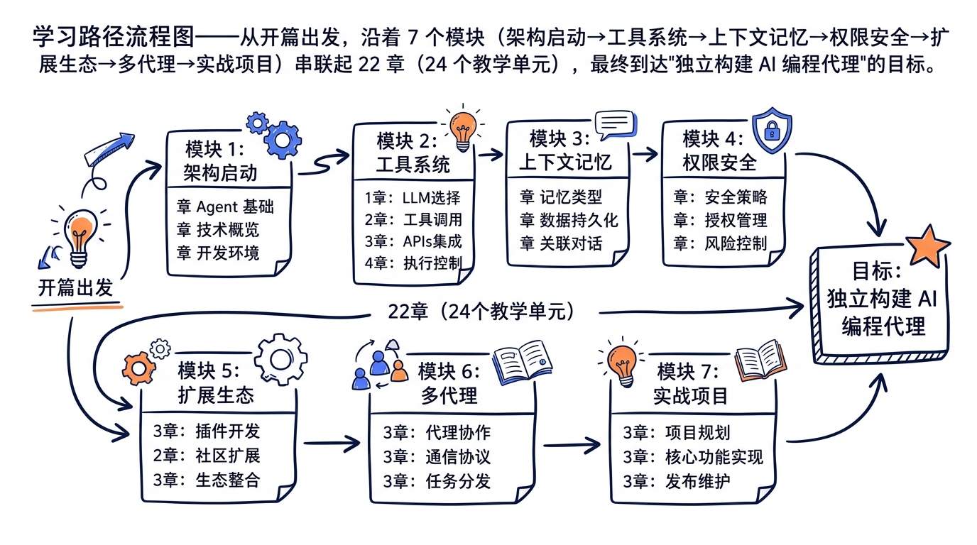 学习路径流程图——从开篇出发，沿着 7 个模块（架构启动→工具系统→上下文记忆→权限安全→扩展生态→多代理→实战项目）串联起 22 章（24 个教学单元），最终到达"独立构建 AI 编程代理"的目标