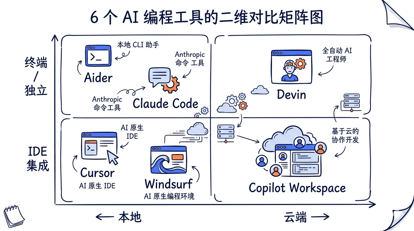 6 个工具的二维对比矩阵图。X 轴是"本地←→云端"，Y 轴是"IDE 集成←→终端/独立"。Claude Code 在左下（本地+终端），Cursor/Windsurf 在左上（本地+IDE），Devin/Copilot Workspace 在右侧（云端）