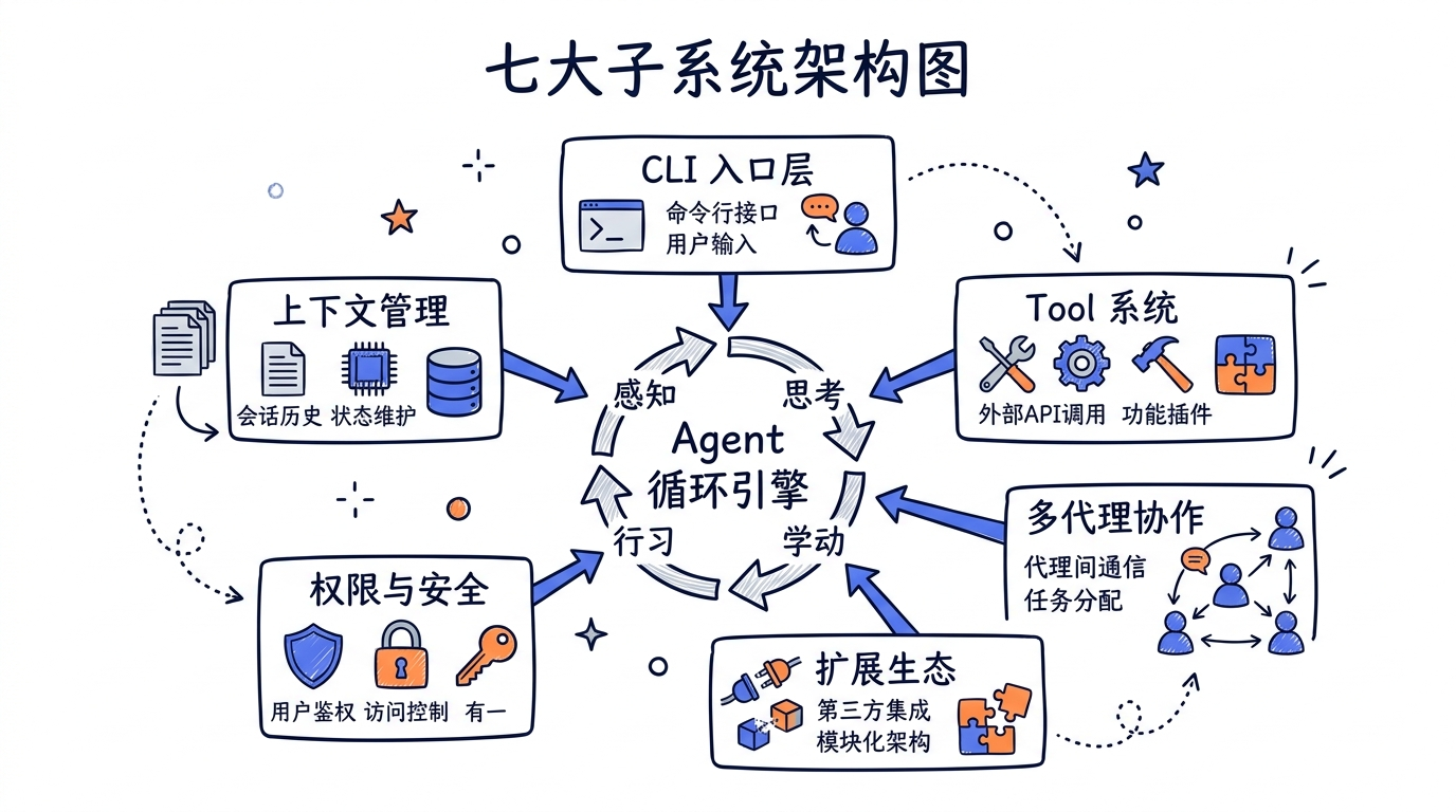 七大子系统架构图。中心是 Agent 循环引擎，围绕它的六个子系统通过箭头连接：CLI 入口层（顶部，向下连接到 Agent 循环）、Tool 系统（右侧）、上下文管理（左侧）、权限与安全（底部左侧）、扩展生态（底部右侧）、多代理协作（右下）