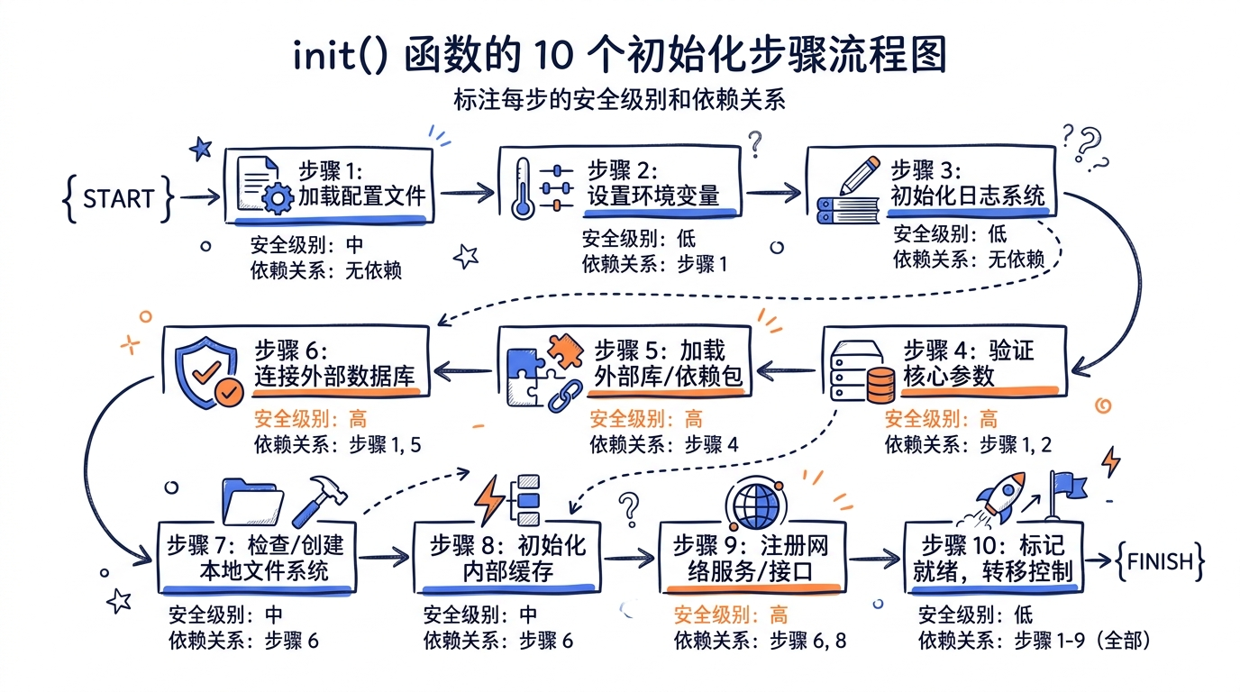 init() 函数的 10 个初始化步骤流程图,标注每步的安全级别和依赖关系