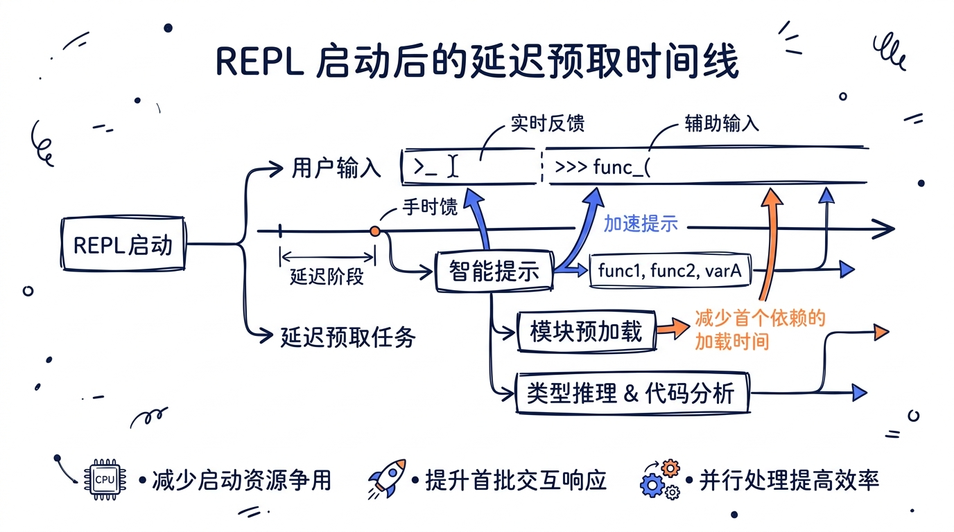 REPL 启动后的延迟预取时间线,展示各预取任务与用户输入的重叠