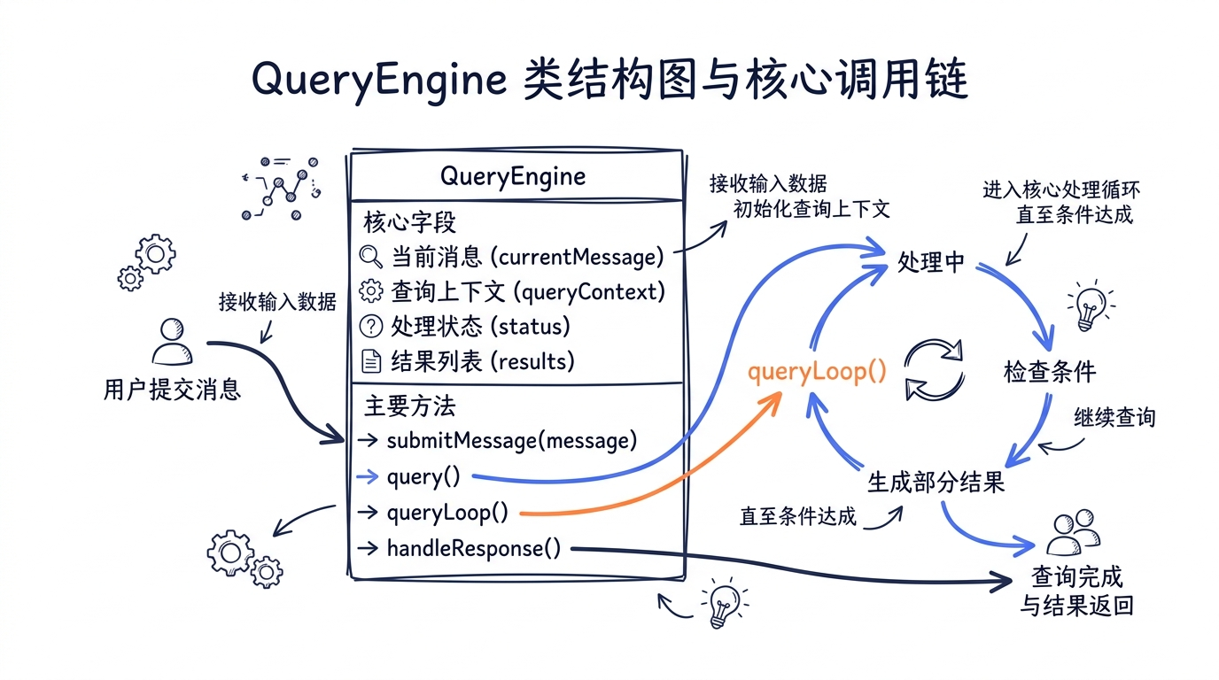 QueryEngine 类结构图，展示其核心字段和 submitMessage → query → queryLoop 的调用链