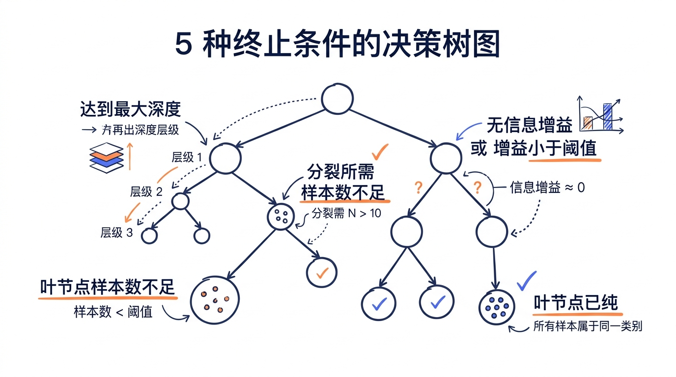 5 种终止条件的决策树图