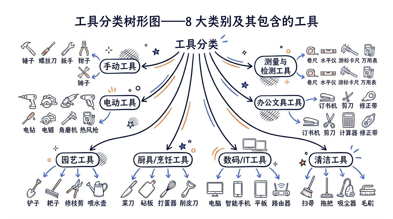 工具分类树形图——8 大类别及其包含的工具