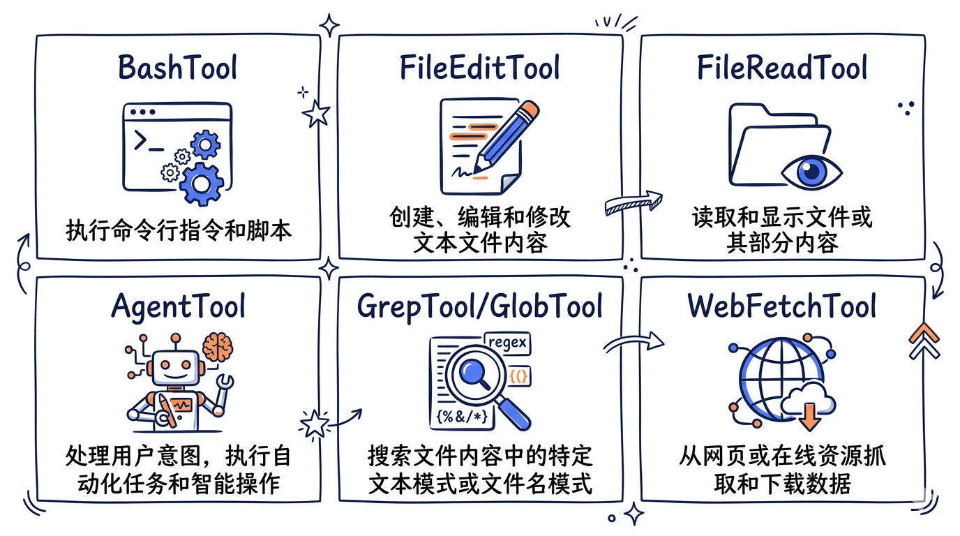 一张六宫格图，分别展示 BashTool、FileEditTool、FileReadTool、AgentTool、GrepTool/GlobTool、WebFetchTool 的图标和一句话功能描述