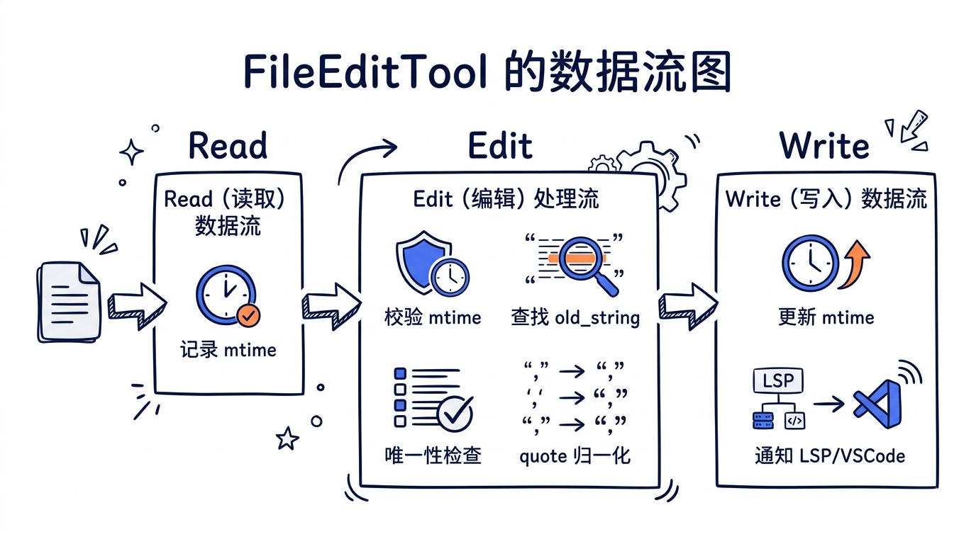FileEditTool 的数据流图：Read(记录 mtime) -> Edit(校验 mtime, 查找 old_string, 唯一性检查, quote 归一化) -> Write(更新 mtime, 通知 LSP/VSCode)