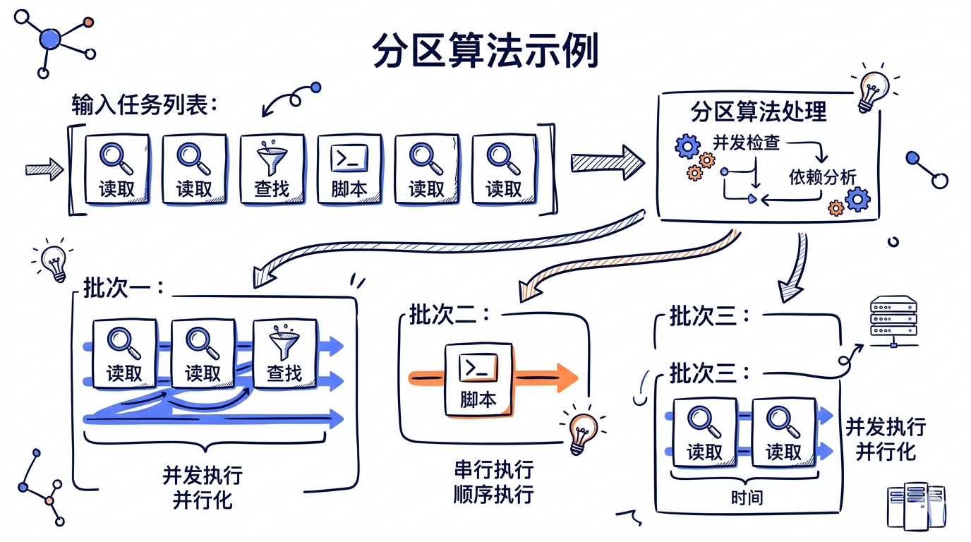 分区算法示例——[Read, Read, Grep, Bash, Read, Read] 被分为三个批次：[Read,Read,Grep](并发)、[Bash](串行)、[Read,Read](并发)