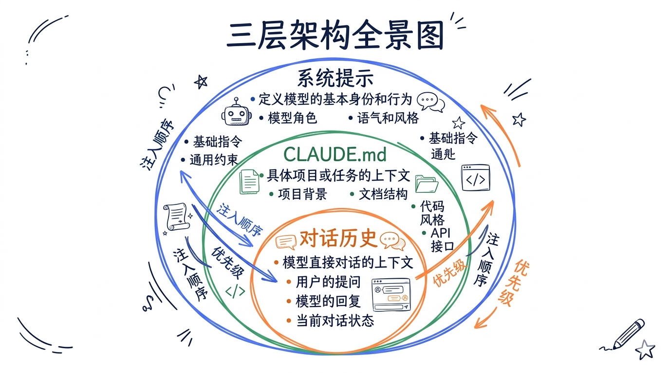三层架构全景图 — 最外层 System Prompt（蓝色），中间层 CLAUDE.md（绿色），内层 Conversation History（橙色），箭头从外到内表示注入顺序，从内到外表示优先级