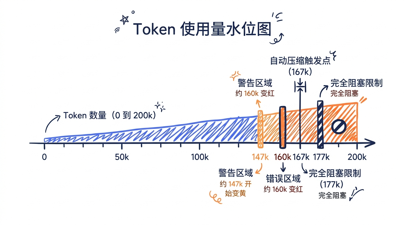 Token 使用量水位图 — 横轴为 token 数量（0 到 200k），标注 Warning Zone（~147k 开始变黄）、Auto Compact 触发点（167k）、Error Zone（~160k 变红）、Blocking Limit（177k 完全阻塞）