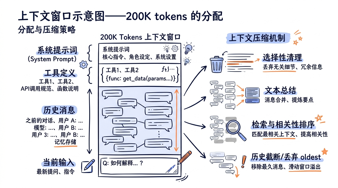 上下文窗口示意图——200K tokens 的分配：系统提示词、工具定义、历史消息、当前输入，以及各压缩策略的作用层次