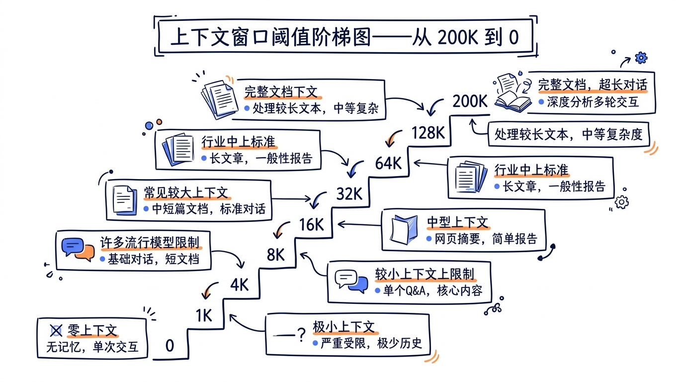 上下文窗口阈值阶梯图——从 200K 到 0，标注每个阈值的位置和含义