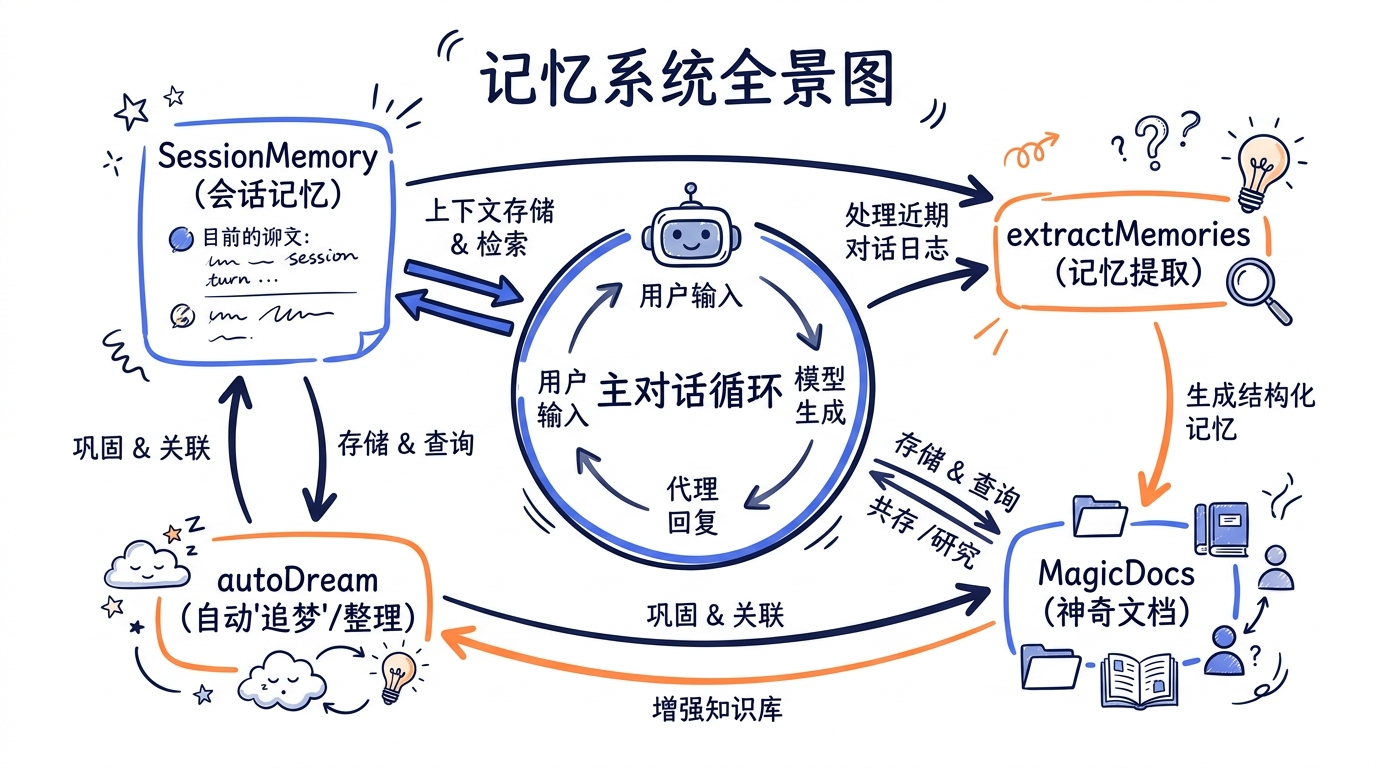 记忆系统全景图——SessionMemory、extractMemories、MagicDocs、autoDream 四个后台服务围绕主对话循环运转，箭头展示数据流向