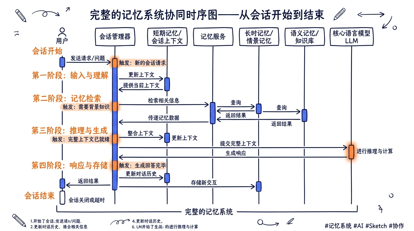 完整的记忆系统协同时序图——从会话开始到结束，标注每个服务的触发时机和数据流向