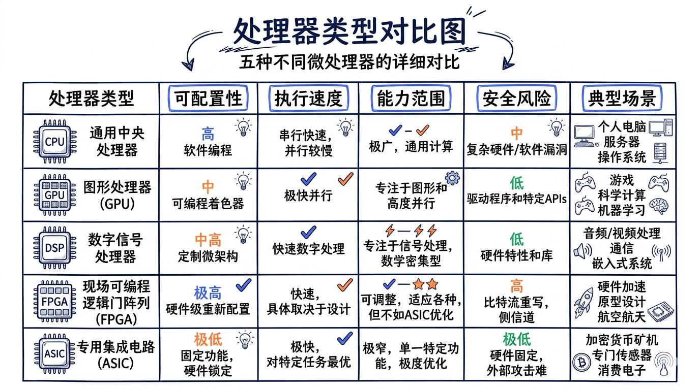 一个表格对比图，5 种处理器类型的对比：可配置性、执行速度、能力范围、安全风险、典型场景