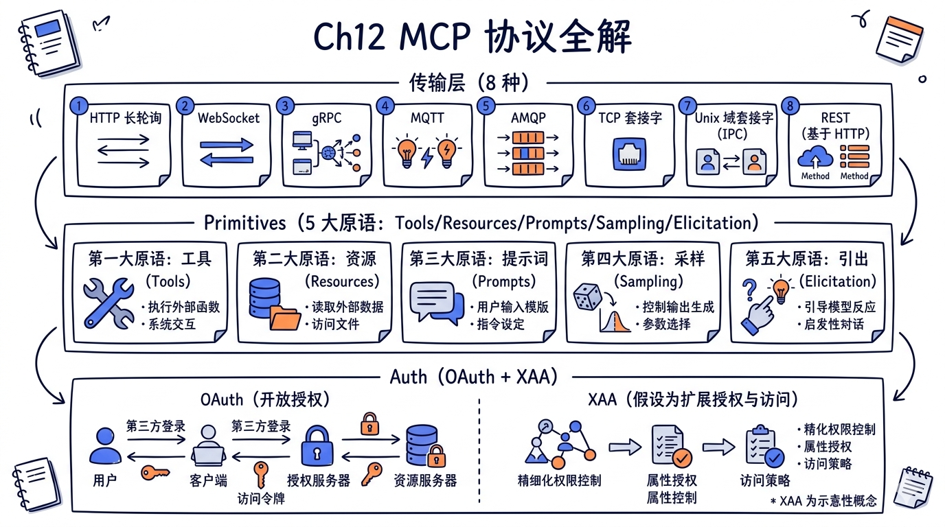 MCP 架构全景图——Host(Claude Code) 内含 Client，Client 通过多种 Transport（stdio/HTTP/SSE/WebSocket/SDK）连接到外部 Server，Server 暴露 Tools/Resources/Prompts 三类原语