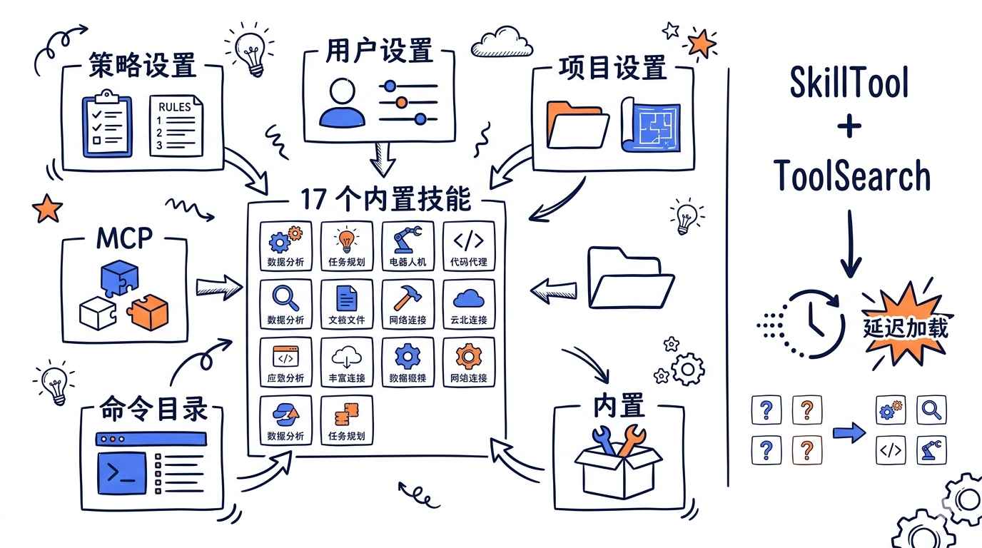 一张层次图,最顶层是 SkillTool / ToolSearchTool,中间是 Command 统一抽象,底层是 6 个加载源:bundled / skills / commands_DEPRECATED / plugin / managed / mcp。右侧标注"延迟加载边界"