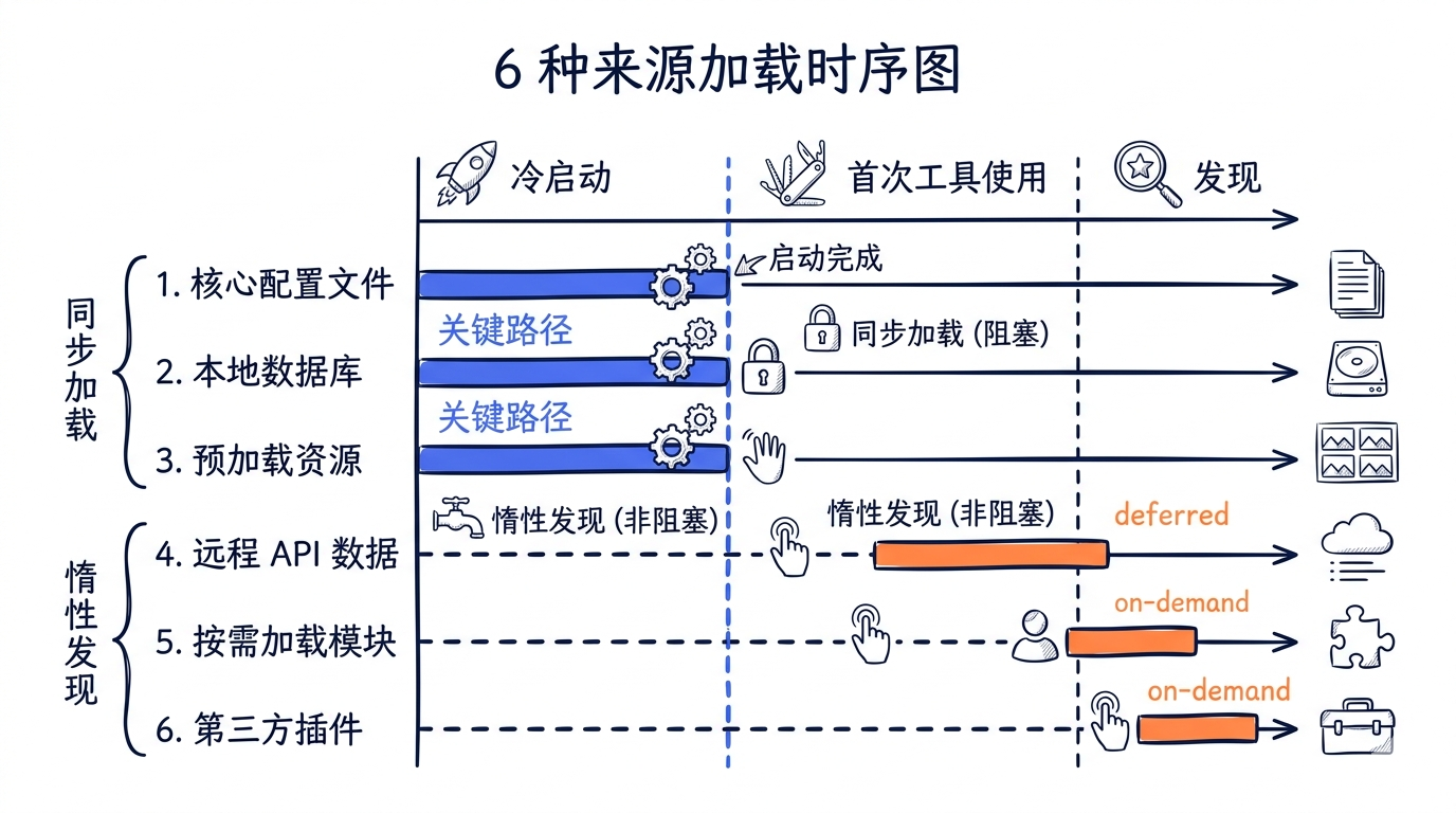 6 种来源的加载时序图——顶部是启动时机(cold start / first tool use / discovery),左侧是来源类型,标出哪些是同步加载、哪些是惰性发现