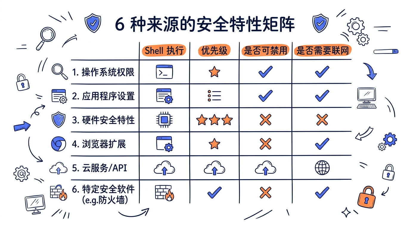 6 种来源的安全特性矩阵——shell 执行 / 优先级 / 是否可禁用 / 是否需要联网