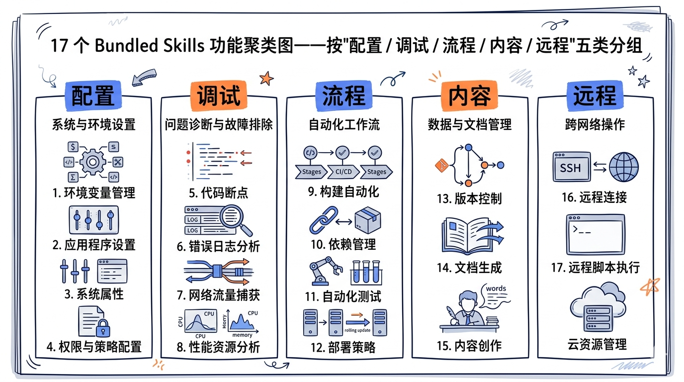17 个 bundled skill 的功能聚类图——按"配置 / 调试 / 流程 / 内容 / 远程"五类分组