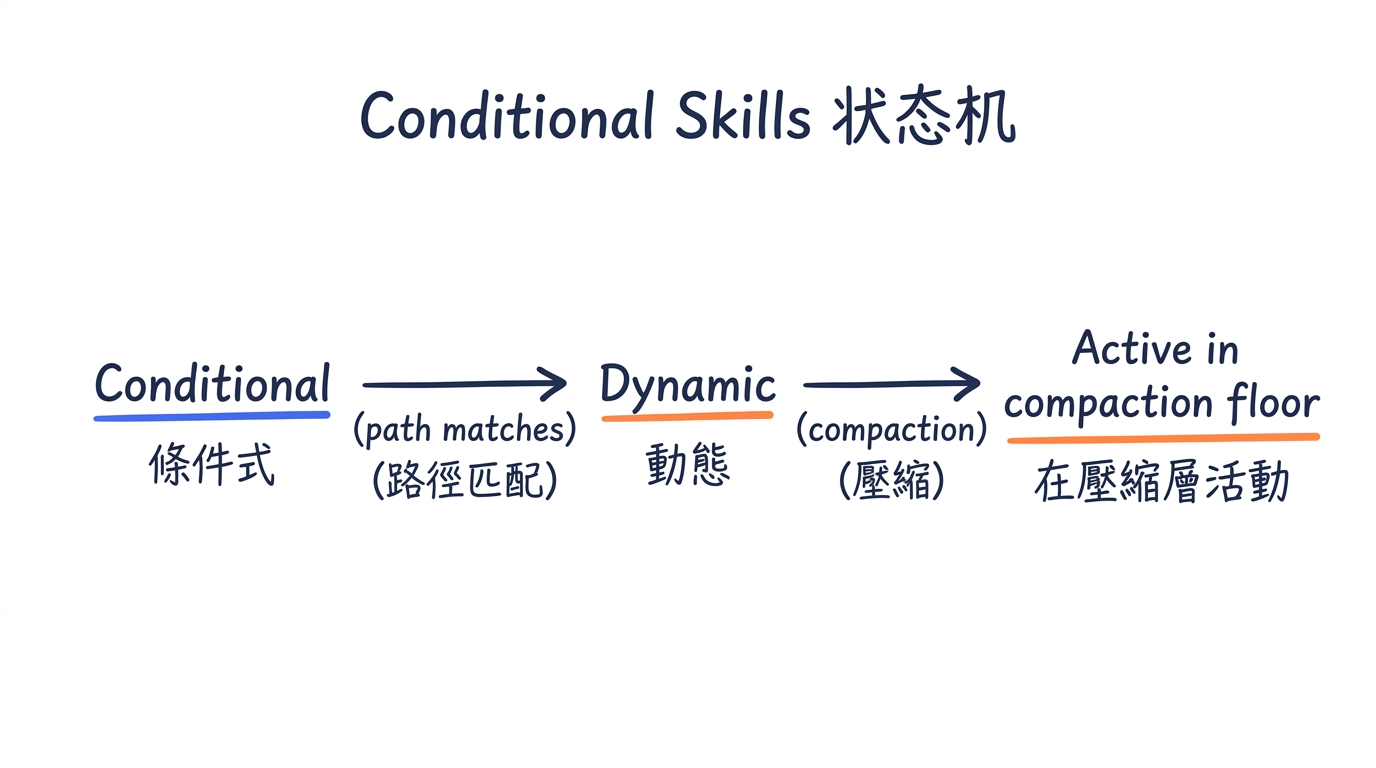 Conditional Skills 状态机——Conditional → (path matches) → Dynamic → (compaction) → Active in compaction floor