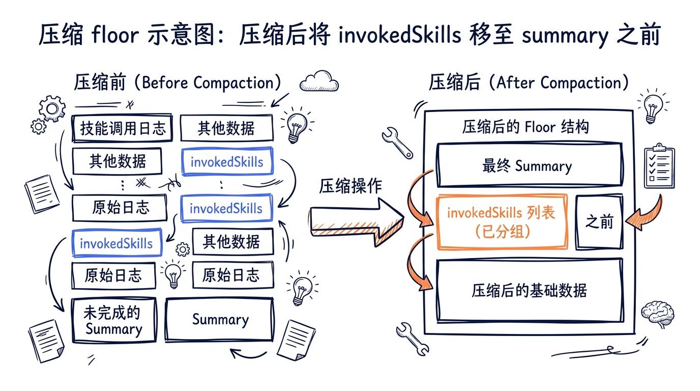 Compaction floor 示意图——展示 invokedSkills 如何在压缩后被重新放置在 summary 之前