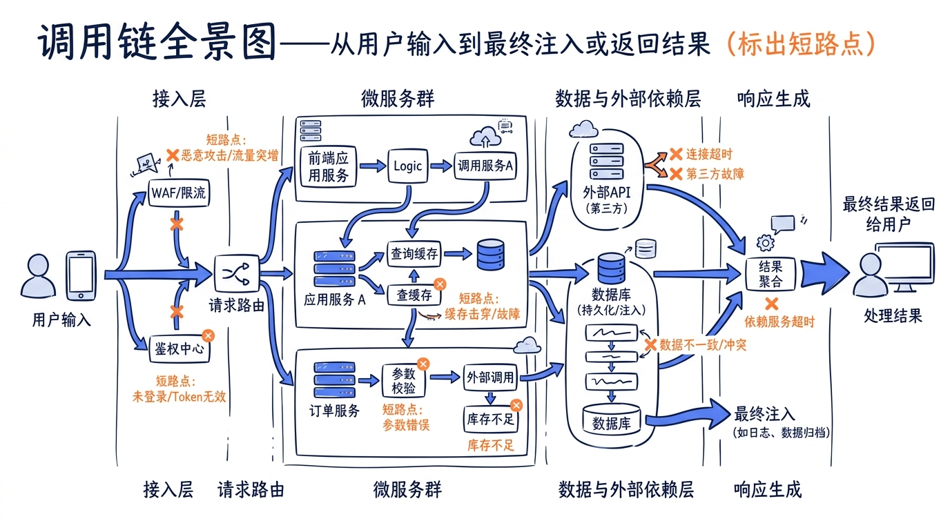调用链全景图——从用户输入到最终注入或返回结果,标出每个分支的短路点