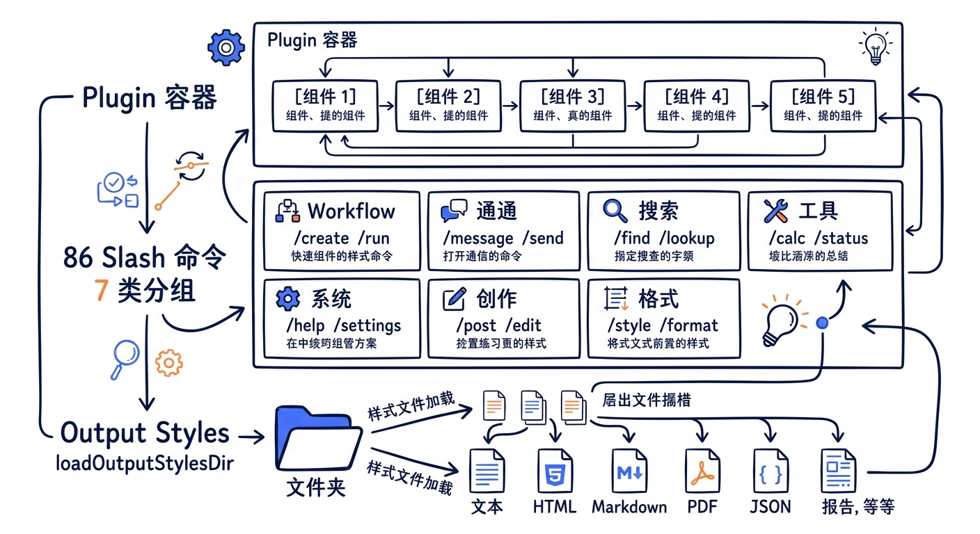 Plugin 系统三层架构图——最下层"分发"(GitHub/NPM/local marketplace),中间"加载"(PluginInstallationManager → useManagePlugins → loadAllPlugins),最上层"使用"(Skills + Slash Commands + Hooks + MCP servers + Output Styles 五种插槽汇入运行时)