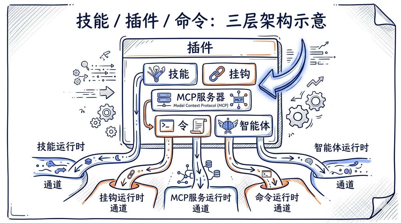 Skill / Plugin / Command 三层关系示意——最外层 Plugin 包住 Skills + Hooks + MCP servers + Commands + Agents 五个内部组件,每个组件单独流向自己的运行时通道