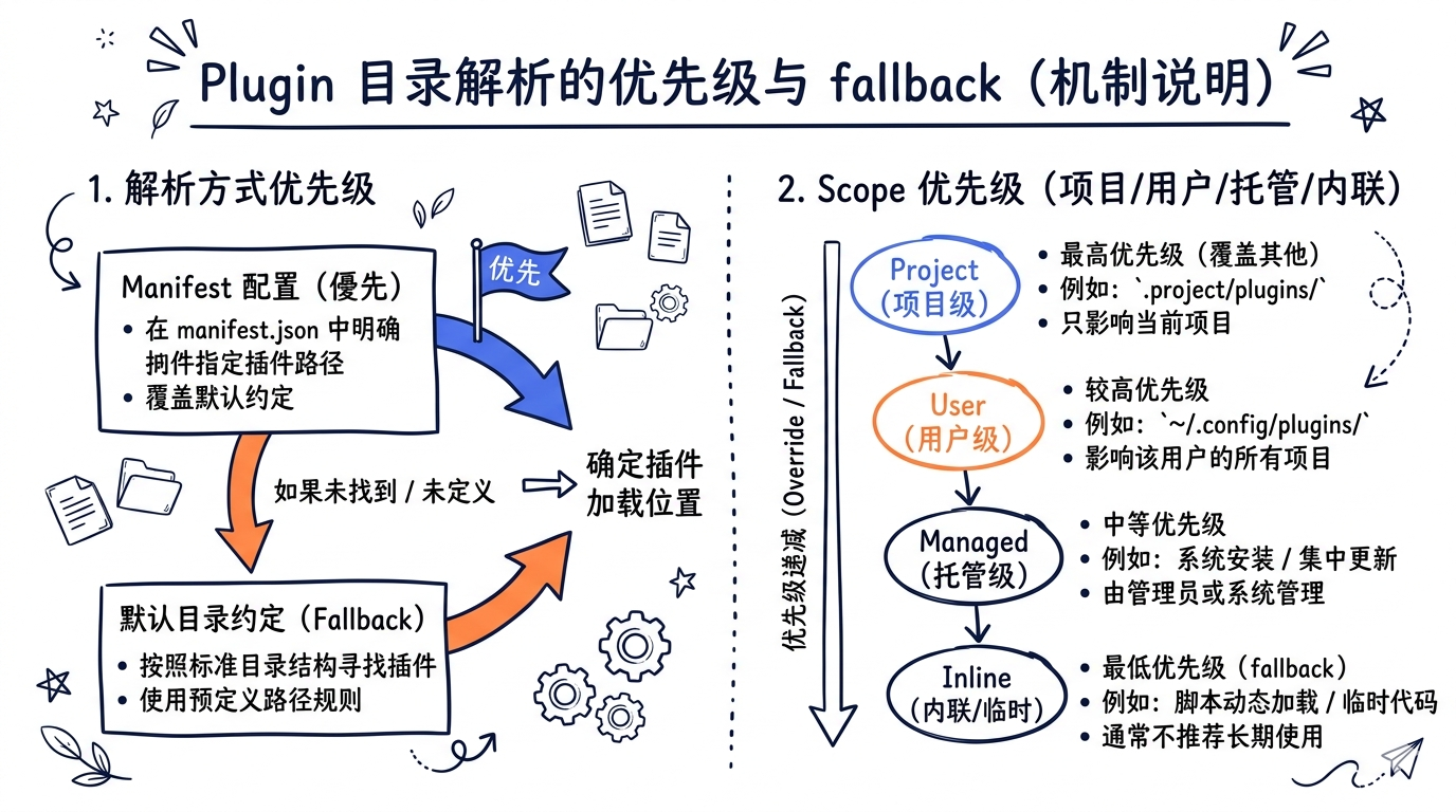 Plugin 目录解析的优先级与 fallback——manifest > 默认目录约定,scope 优先级 project > user > managed > inline