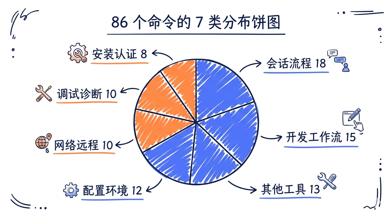 86 个命令的 7 类分布饼图——会话流程 18 / 开发工作流 15 / 其他工具 13 / 配置环境 12 / 网络远程 10 / 调试诊断 10 / 安装认证 8