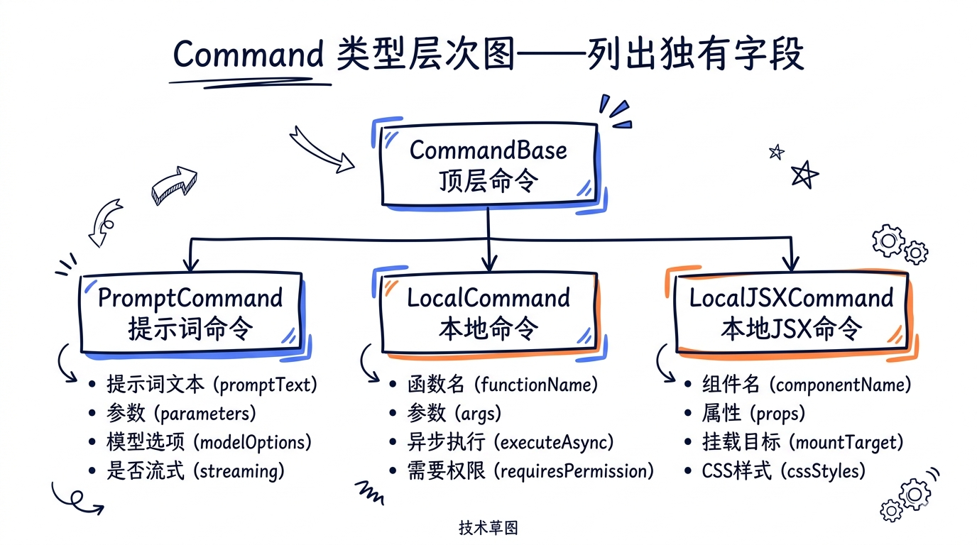 Command 类型层次图——CommandBase 顶层,下分 PromptCommand / LocalCommand / LocalJSXCommand 三种,每种列出独有字段