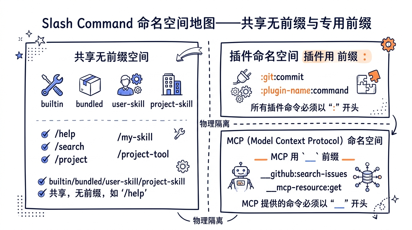 Slash Command 命名空间地图——builtin/bundled/user-skill/project-skill 共享无前缀空间,plugin 用 `:` 前缀,MCP 用 `__` 前缀,三个区域物理隔离