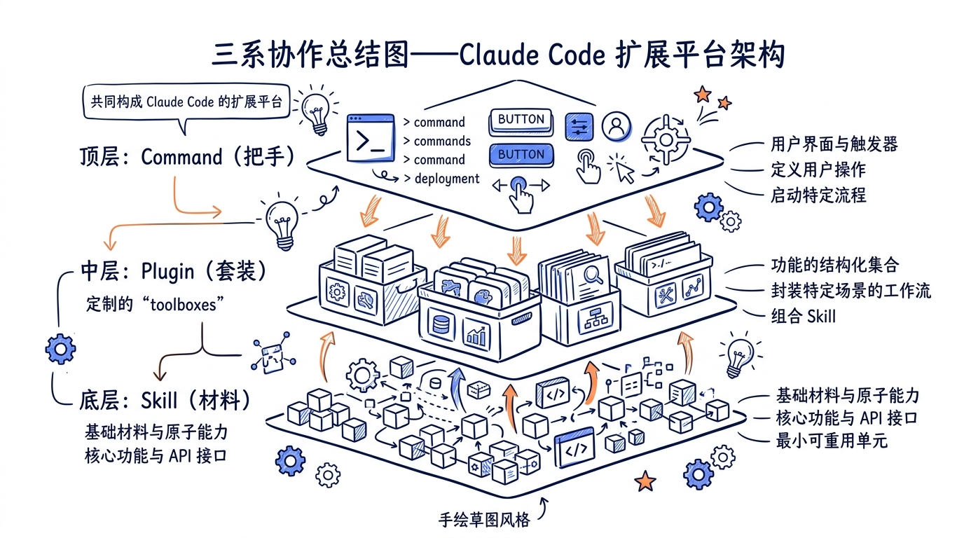三系协作总结图——Skill 在底层(材料),Plugin 在中层(套装),Command 在顶层(把手),共同构成 Claude Code 的扩展平台