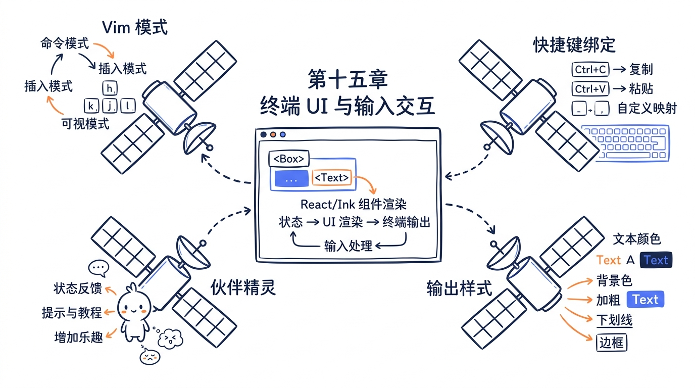 架构分层图。最顶层是 React 组件树（REPL、Message、ToolUse 等），中间是 Ink 渲染引擎（reconciler、yoga layout、screen buffer），底层是终端 I/O（ANSI escape codes、stdin raw mode）