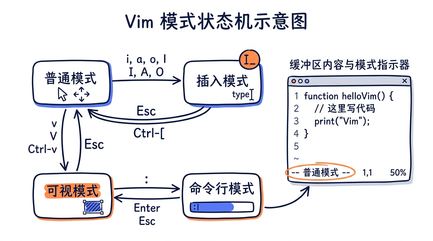 Vim 模式的状态机示意图。中心是四个圆角矩形（normal / insert / visual / command），节点之间用箭头标注触发键（i/a/o 进入 insert，Esc 回到 normal，v/V 进入 visual，: 进入 command），右侧浮窗显示 buffer 内容和当前模式指示器