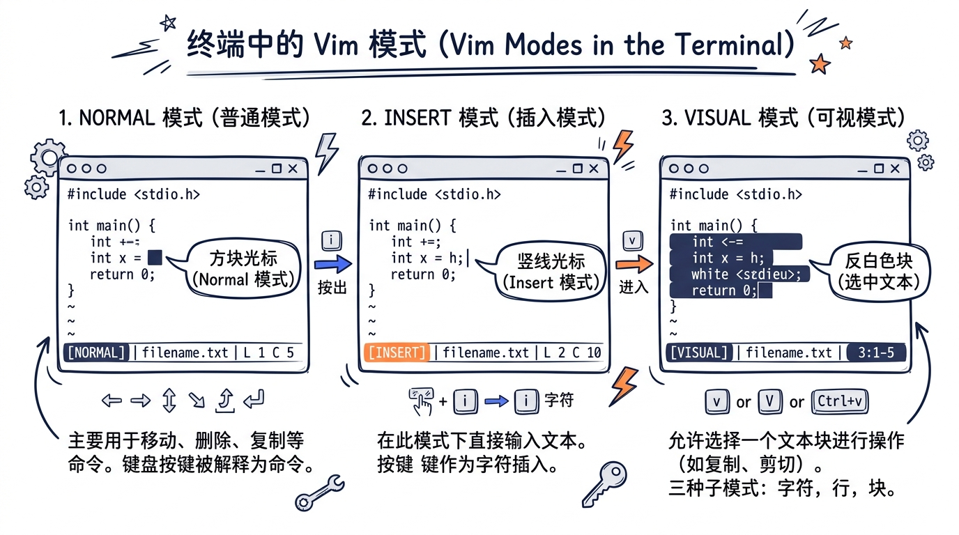 终端中的 Vim 模式截图。下方有一个状态指示器显示 [NORMAL] / [INSERT] / [VISUAL]，光标用方块（normal）/ 竖线（insert）区分；visual 模式下选中文本用反白色块表示