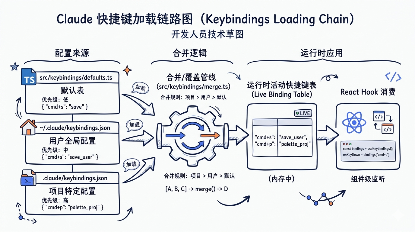 keybindings 加载链路图。从左到右：默认表（src/keybindings/defaults.ts）→ 用户文件（~/.claude/keybindings.json）→ 项目文件（.claude/keybindings.json）→ 合并/覆盖管线（src/keybindings/merge.ts）→ 运行时活动表（live binding table）→ React Hook 消费