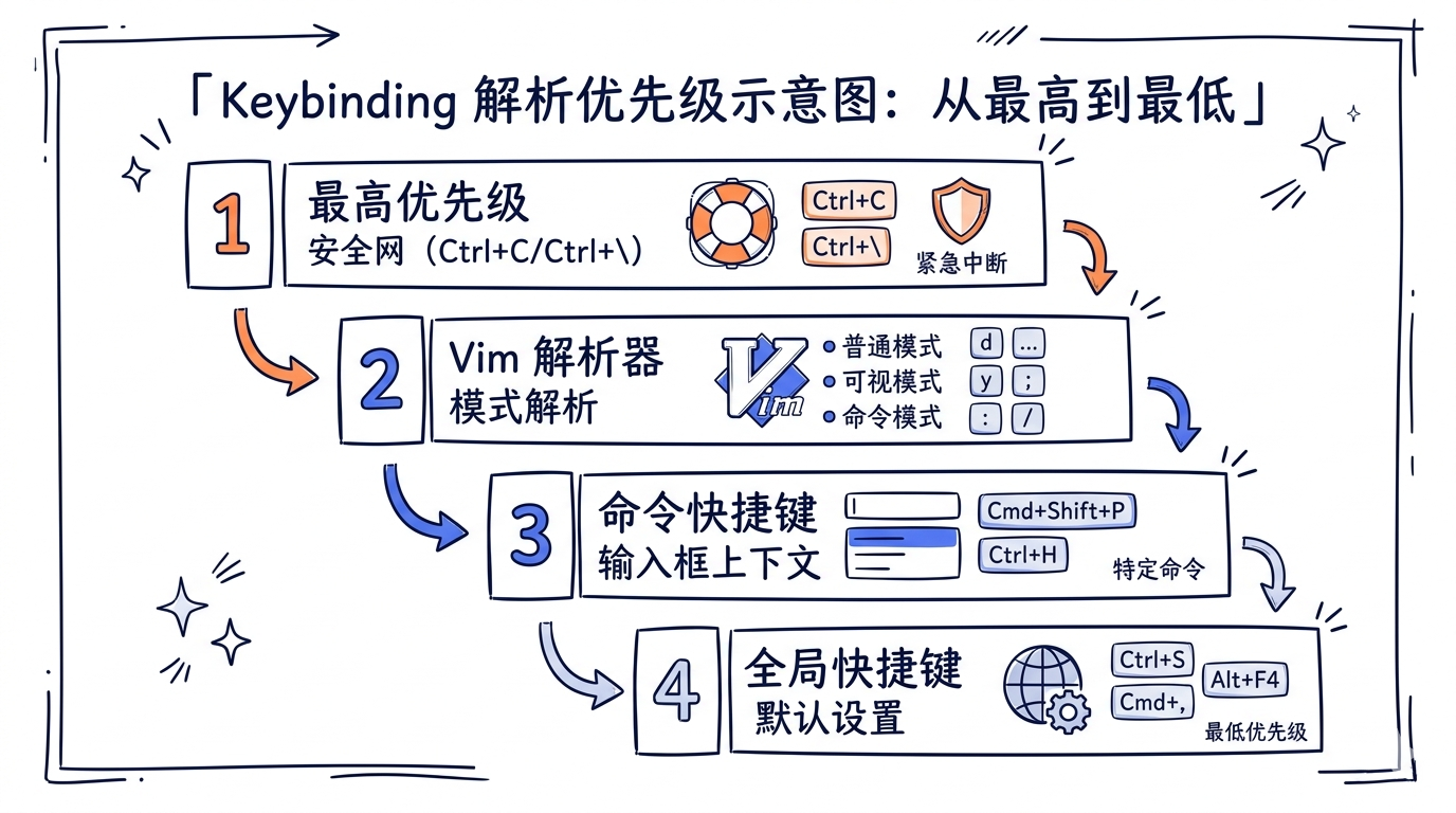 keybindings 解析优先级示意图：从最高到最低依次是 safety net (Ctrl+C/Ctrl+) → vim parser (normal/visual/command) → command keybindings (输入框上下文) → global keybindings (默认)