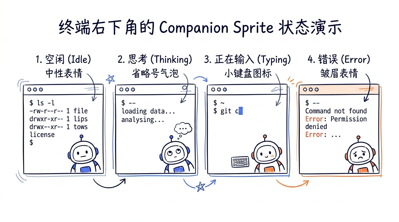 终端右下角的 Companion Sprite。四个并列截图展示 idle（中性表情）、thinking（小气泡里有省略号）、typing（小键盘图标）、error（皱眉表情）四种状态