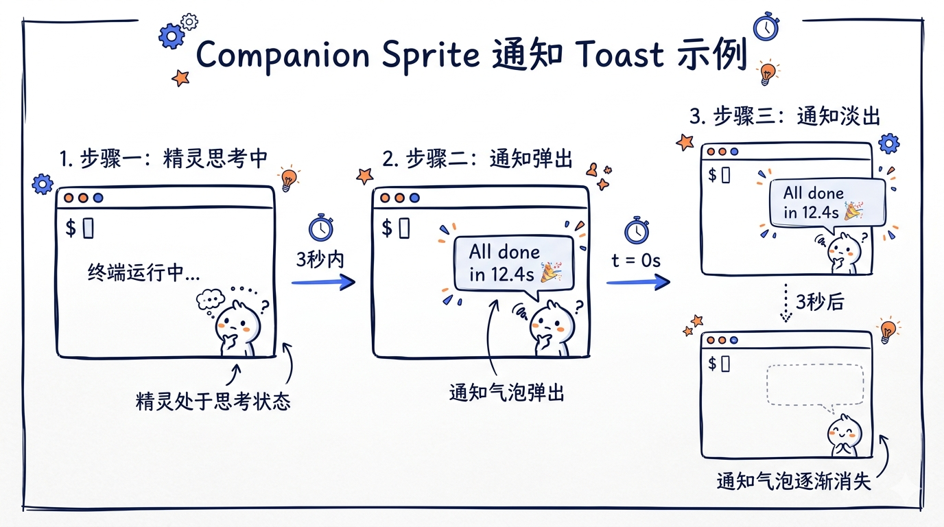 Companion Sprite 通知 toast 示例。终端右下角先是 thinking 状态的 sprite，旁边弹出"All done in 12.4s 🎉"小气泡，3 秒后淡出