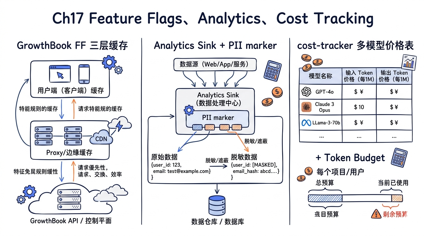 GrowthBook Feature Flag 系统的数据流图：Server -> RemoteEval -> 内存缓存 -> 磁盘缓存，标注每层的读取场景和刷新频率