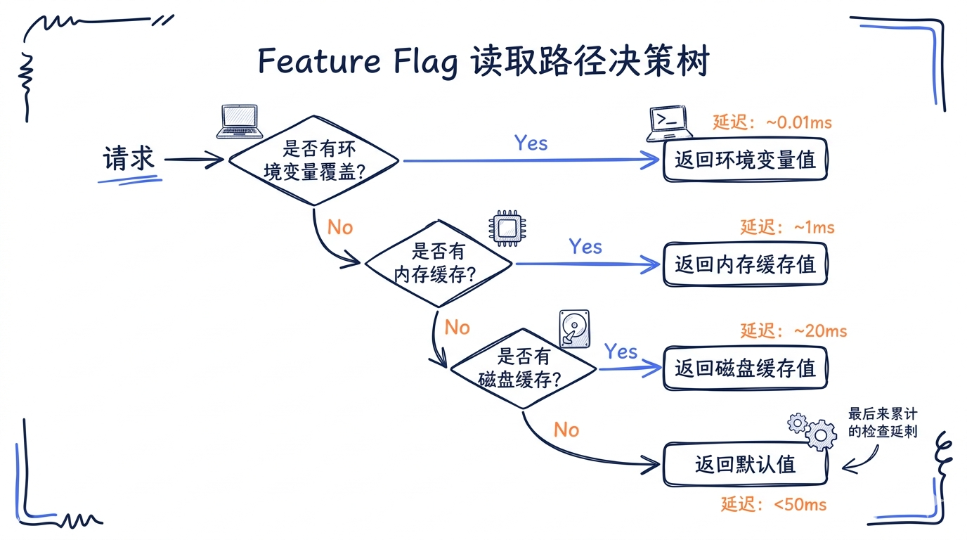 Feature Flag 读取路径决策树：是否有环境变量覆盖 -> 是否有内存缓存 -> 是否有磁盘缓存 -> 返回默认值，每个分支标注延迟