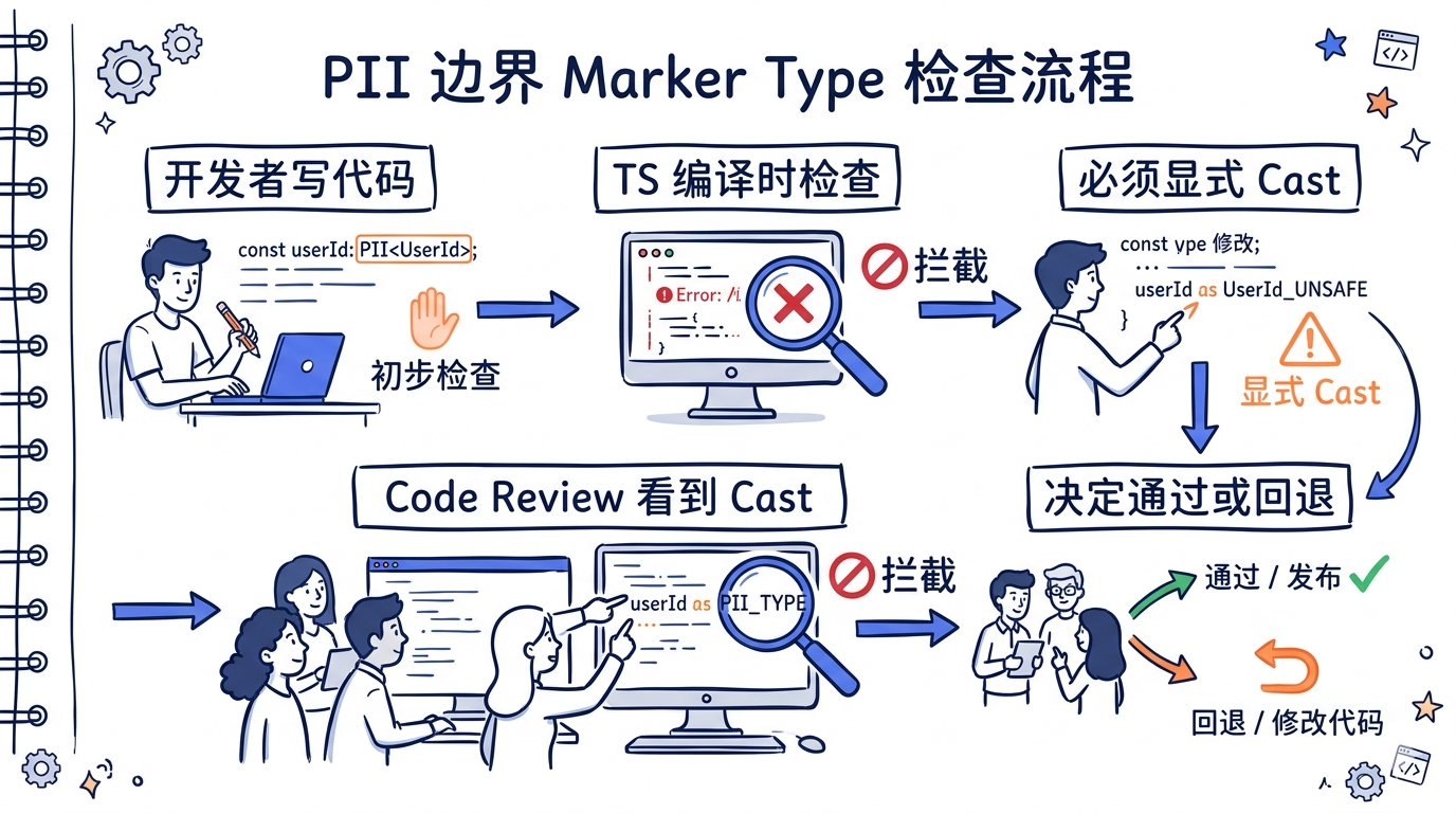 PII 边界 marker type 检查流程:开发者写代码 -> TS 编译时检查 -> 必须显式 cast -> code review 看到 cast -> 决定通过或回退,标注每一关的拦截位置