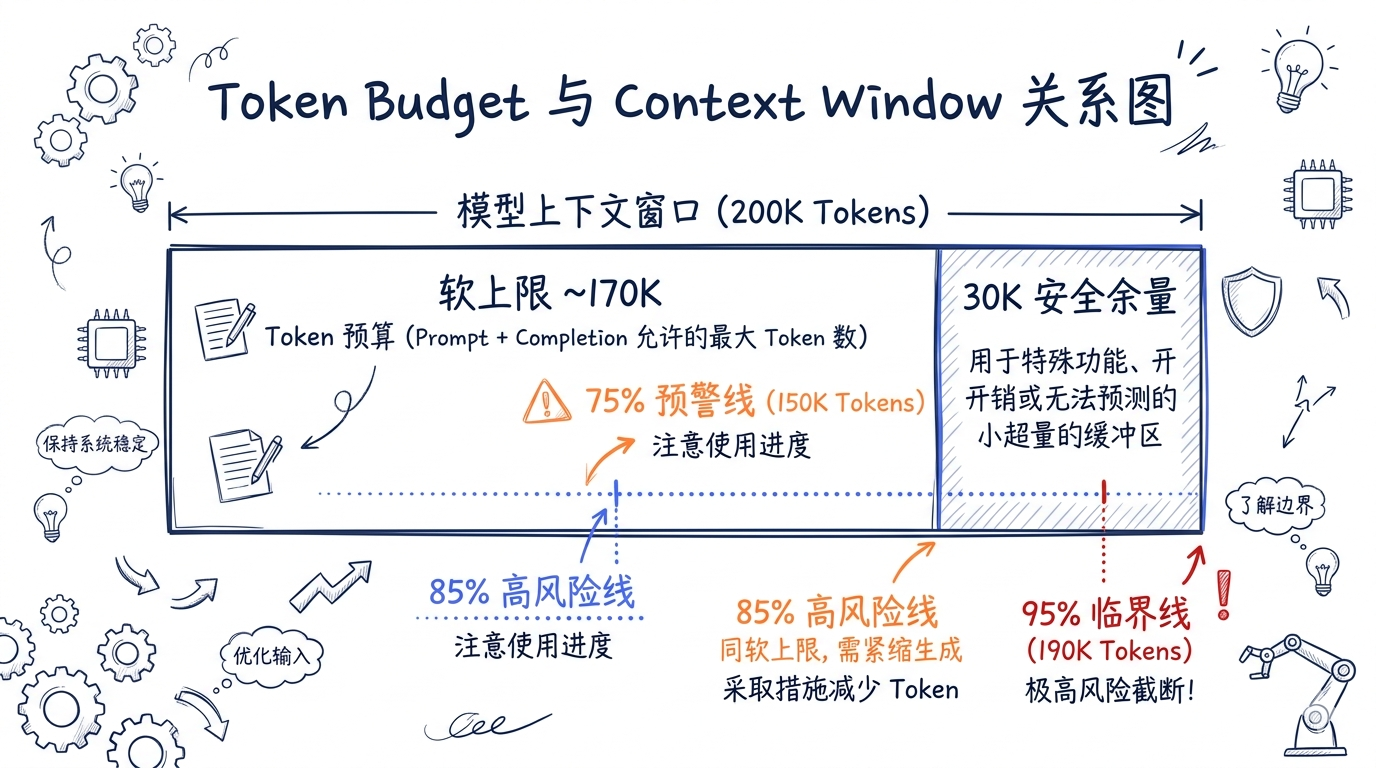Token Budget 与 Context Window 关系图:context window 200K,软上限 ~170K,30K 安全余量,标注三个阈值线 75% / 85% / 95%