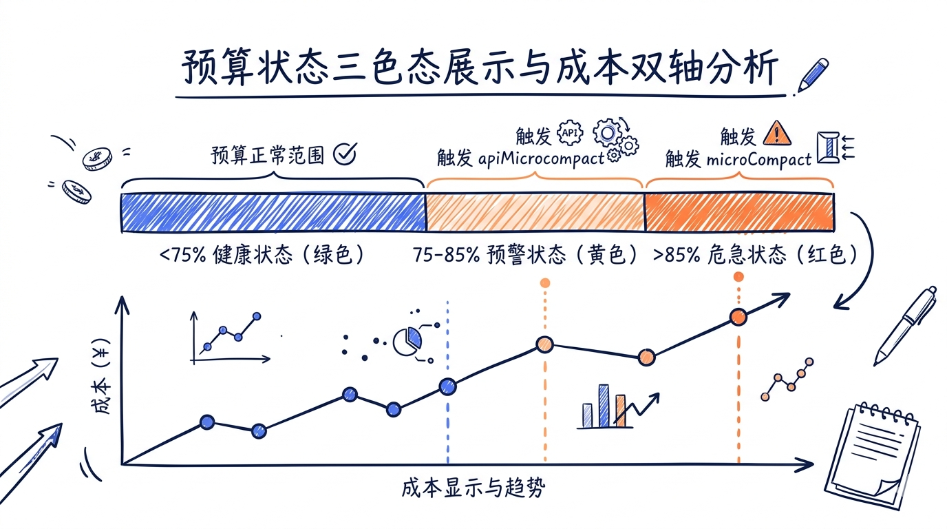 Budget statusline 三色态展示:绿色(<75%)、黄色(75-85%,触发 apiMicrocompact)、红色(>85%,触发 microCompact),配合 cost 显示形成双轴