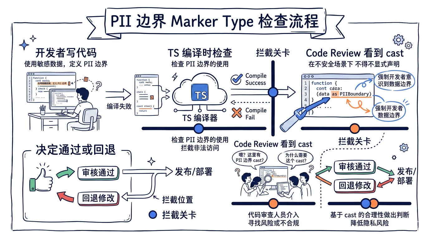 PII 边界 marker type 检查流程:开发者写代码 -> TS 编译时检查 -> 必须显式 cast -> code review 看到 cast -> 决定通过或回退,标注每一关的拦截位置