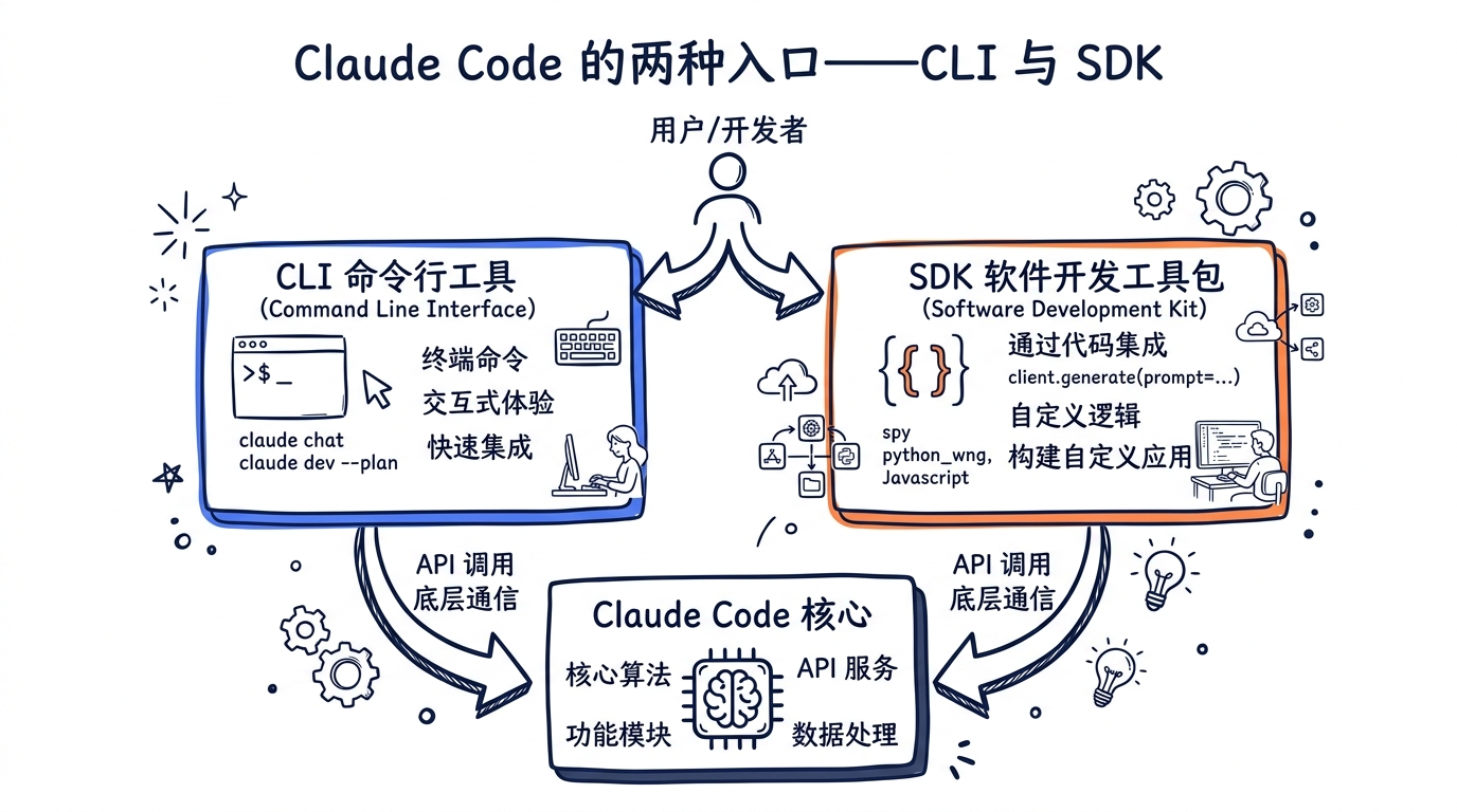 Claude Code 的两种入口——CLI 与 SDK 共享同一个 core，外面只是不同的 entry point