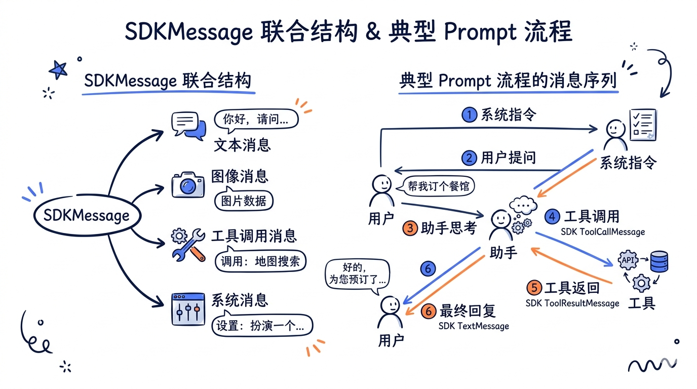 SDKMessage 的 union 结构和典型 prompt 流的消息序列
