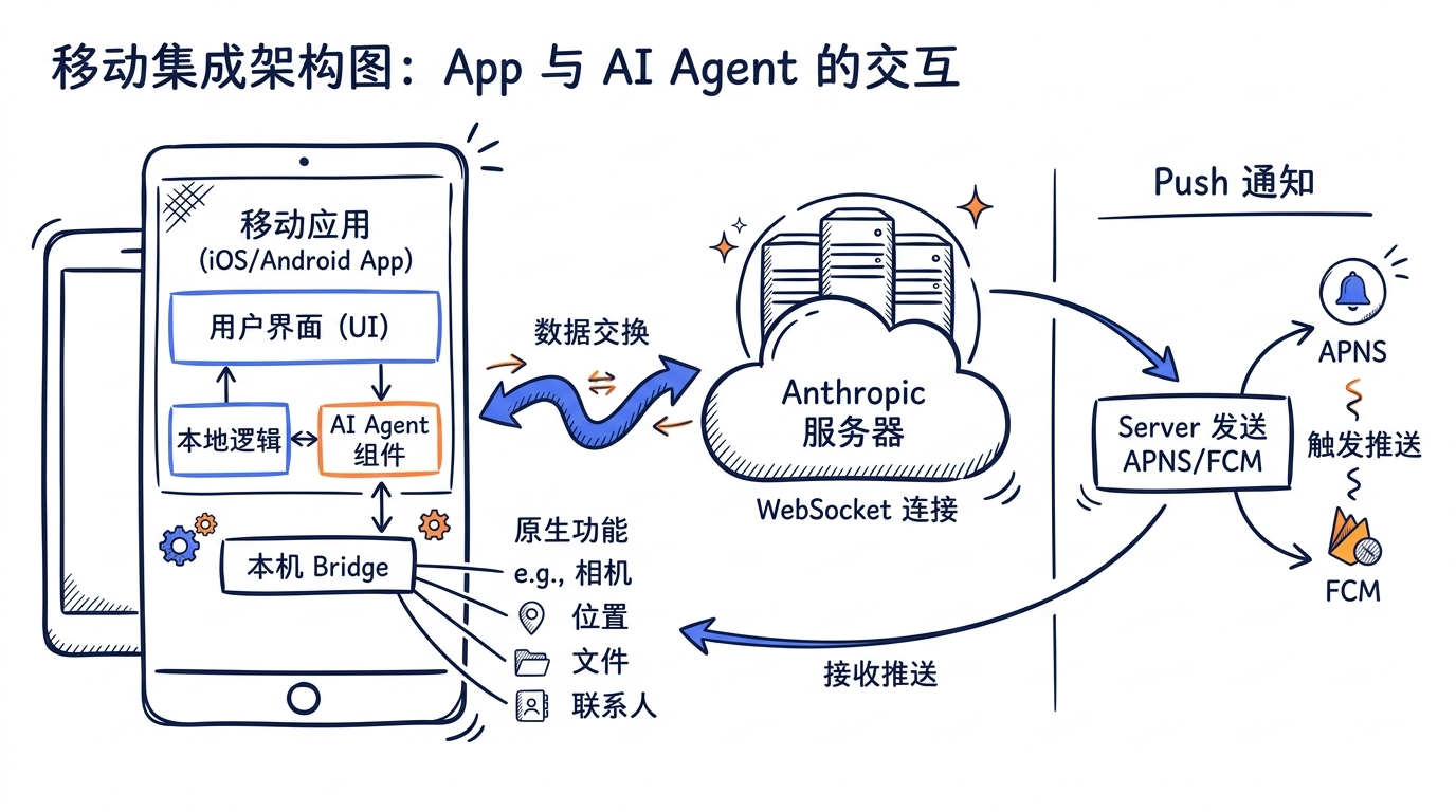 Mobile 集成架构:iOS/Android App ↔ Anthropic Server (WebSocket) ↔ 本机 Bridge ↔ Agent;旁边标注 push 通知是 Server 发 APNS/FCM